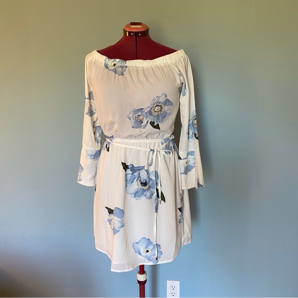 DEX Off-the-Shoulder White and Blue Floral Dress - Picture 8 of 14